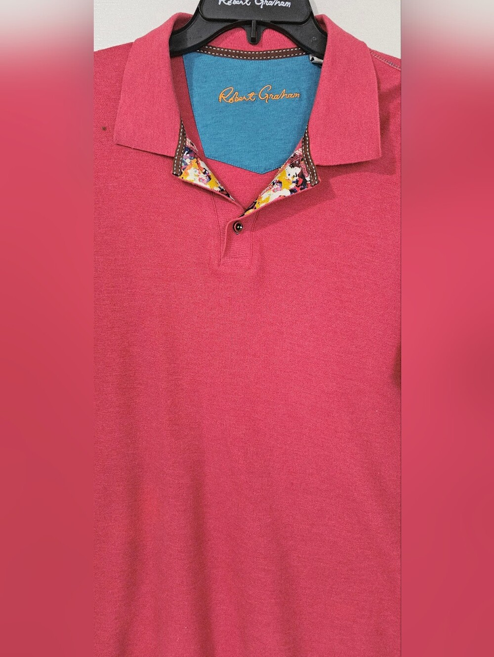 Robert Graham Raspberry Polo with Floral Collar Accent